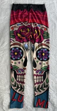 Rage On! Girl's Sugar Skull Day Of The Dead Stretch Leggings Pants Size Medium